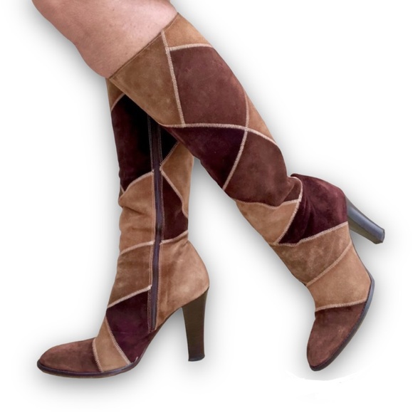 J. Crew Shoes - J. Crew Tall Suede Patchwork Heel Boots  Retro Hippie 70s Boho Brown Sz 8.5
